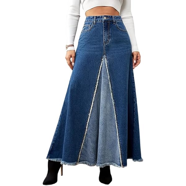 Women's Patchwork Maxi Long Denim Skirt High Waist Raw Edge